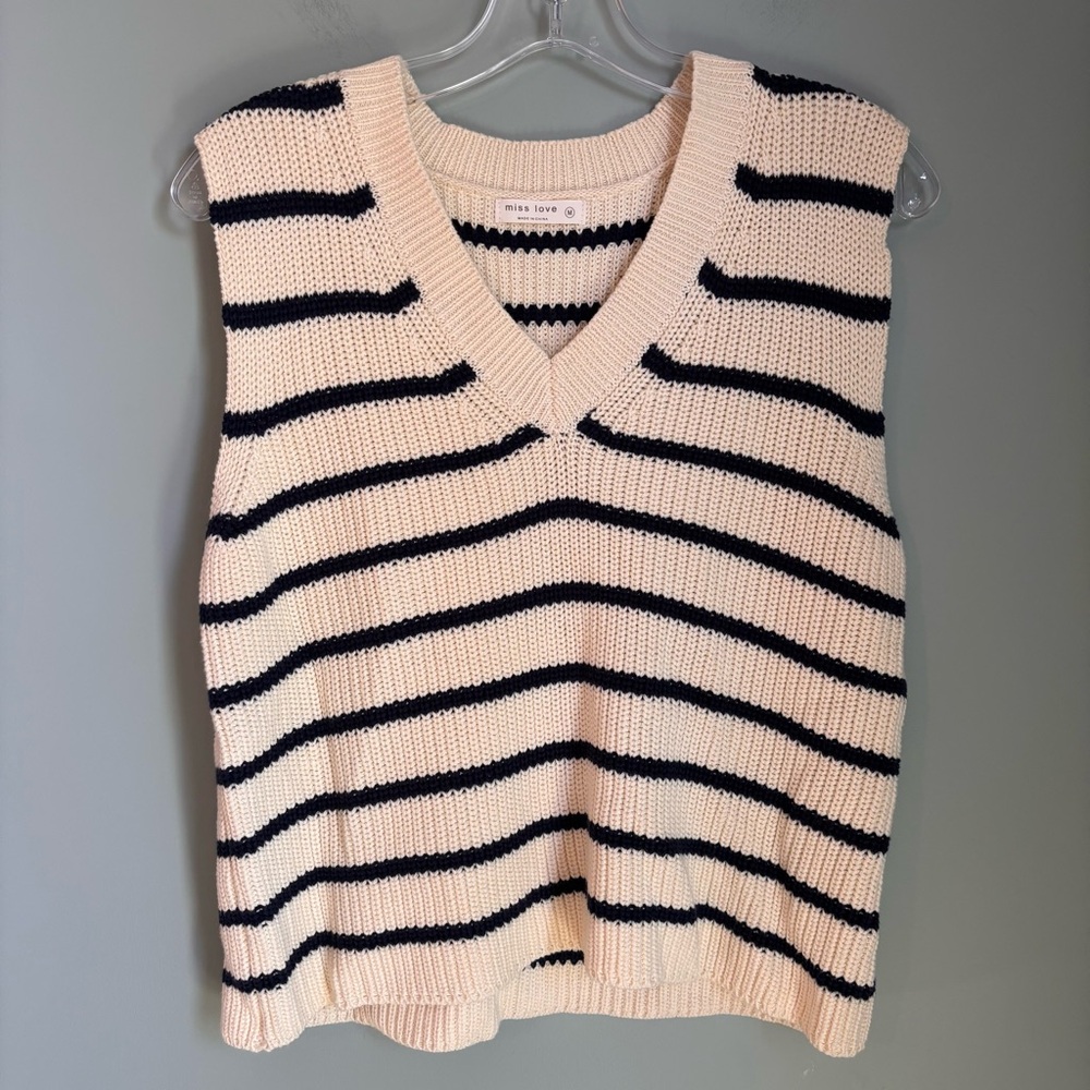 Striped Cream Knit V Neck Sweater Vest